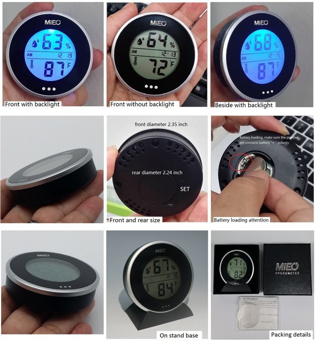 MIEO Round Digital Hygrometer Thermometer for Humidor HH654 with Clock