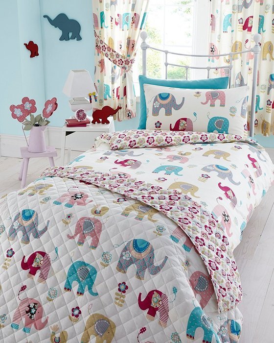 NELLIE JUMBO ELEPHANT FLOWERS GIRLS LUXURY LINED CURTAINS SET 66" X 72" 183cm
