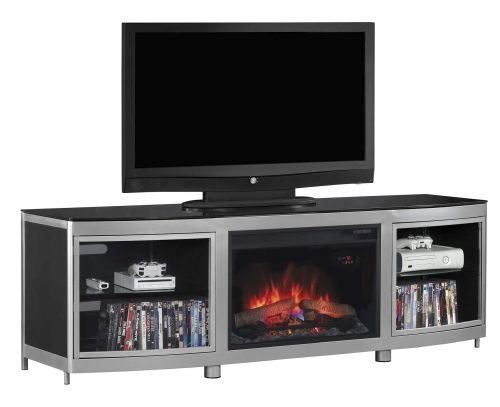 Gotham TV Stand with 25" Curved Electric Fireplace, Silver/Black