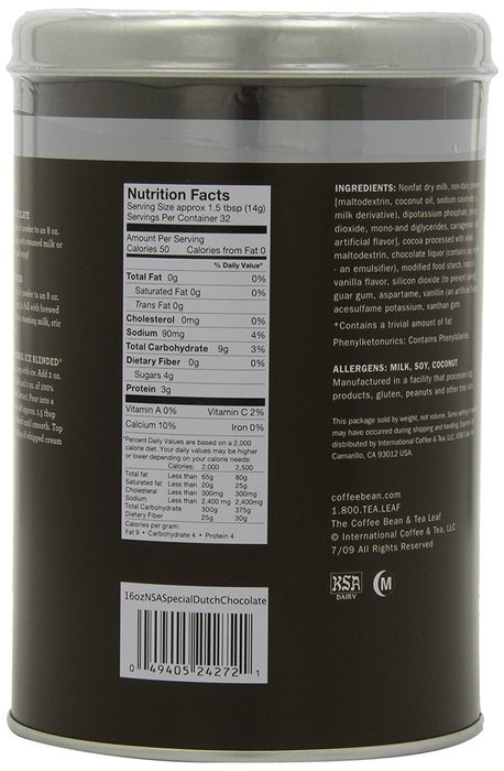 The Coffee Bean & Tea Leaf No Sugar Added Chocolate Powder, 16-Ounce Containers (Pack of 3) N4