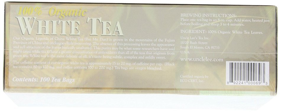 Uncle Lee's Tea Organic White Tea, Tea Bags, 100-Count Boxes (Pack of 4) N2