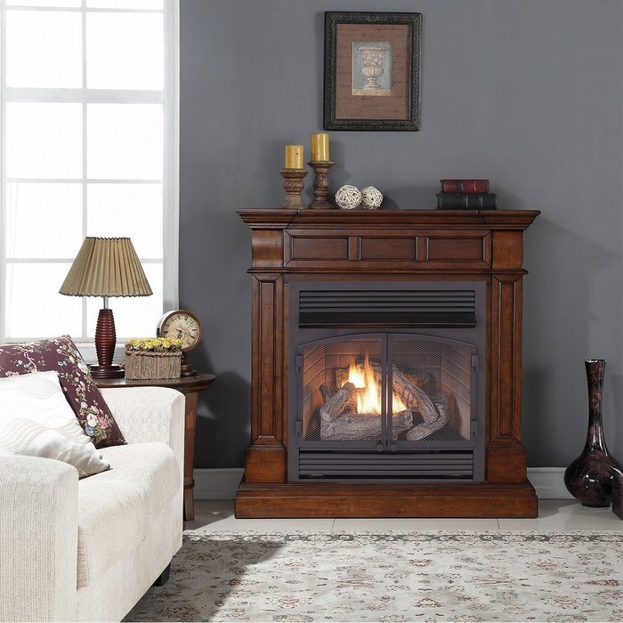 Duluth Forge Dual Fuel Vent Free Gas Fireplace - 32,000 BTU, Remote Control, Auburn Cherry Finish N4