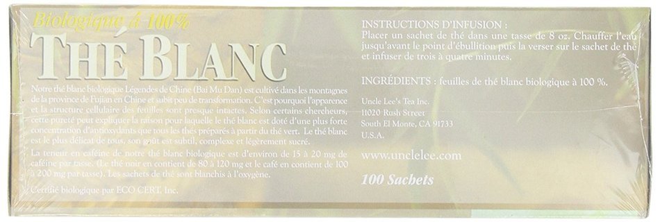 Uncle Lee's Tea Organic White Tea, Tea Bags, 100-Count Boxes (Pack of 4) N5