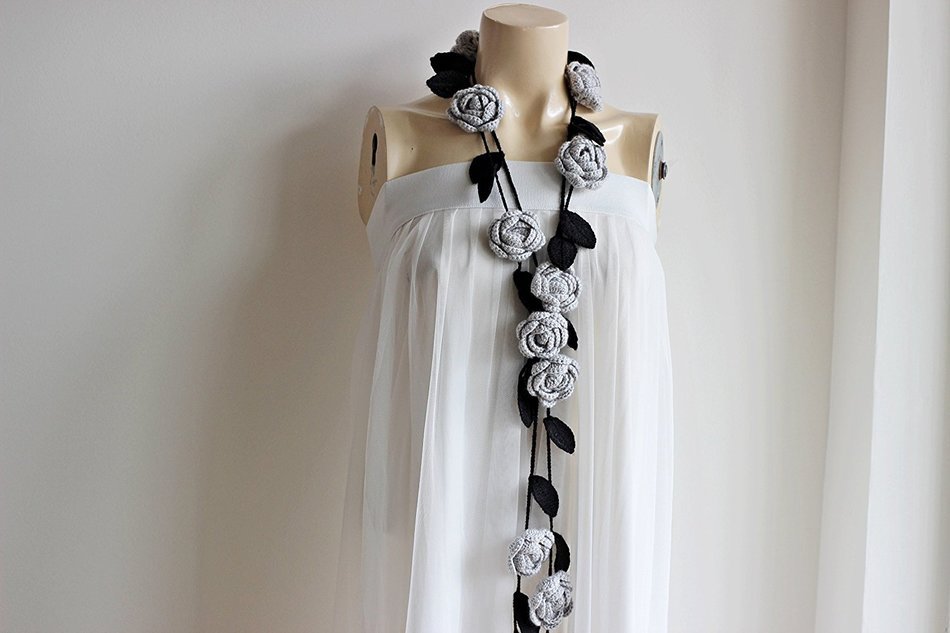Rose Grey Scarf-Gray Lariat Necklace -Gray Roses with Black Leaves-Christmas Gift For Her Girlfriend Wife Mother-Vegan...