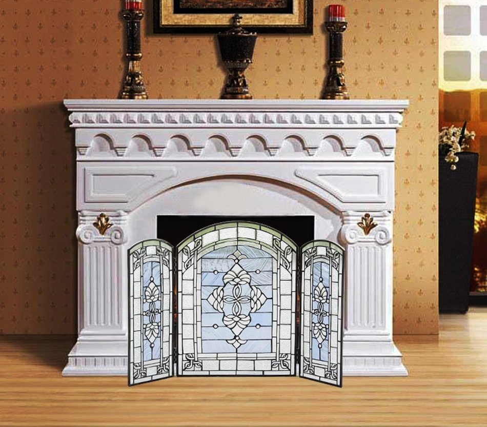 Makenier Vintage Tiffany Style Stained Art Glass Decorative 3-panel Fireplace Folding Screen Firewall N2