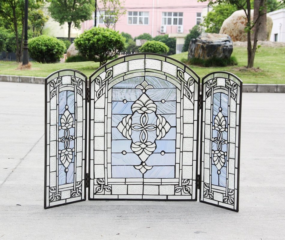 Makenier Vintage Tiffany Style Stained Art Glass Decorative 3-panel Fireplace Folding Screen Firewall N3