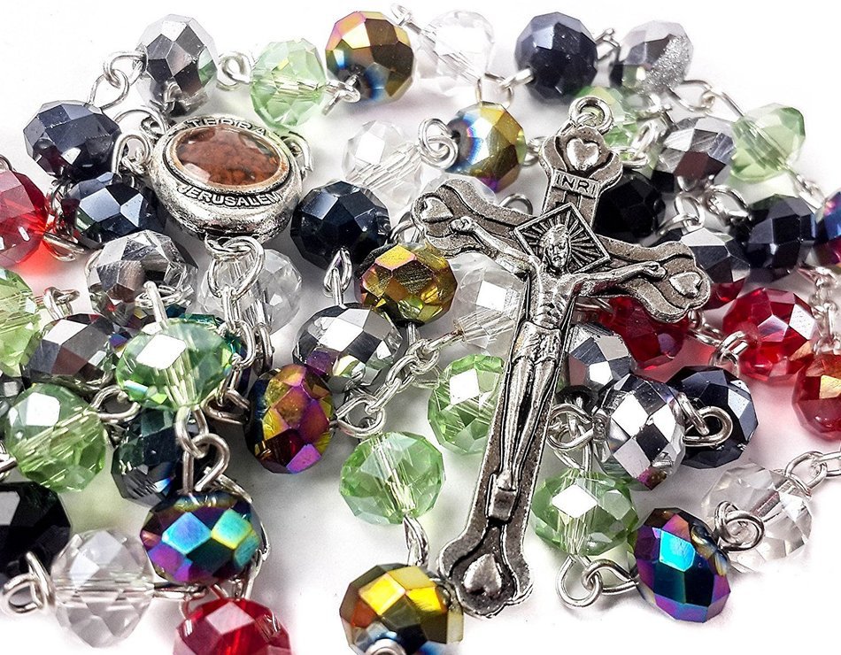 Multicolor Crystal Beads Rosary Catholic Necklace Holy Soil & Crucifix Jerusalem