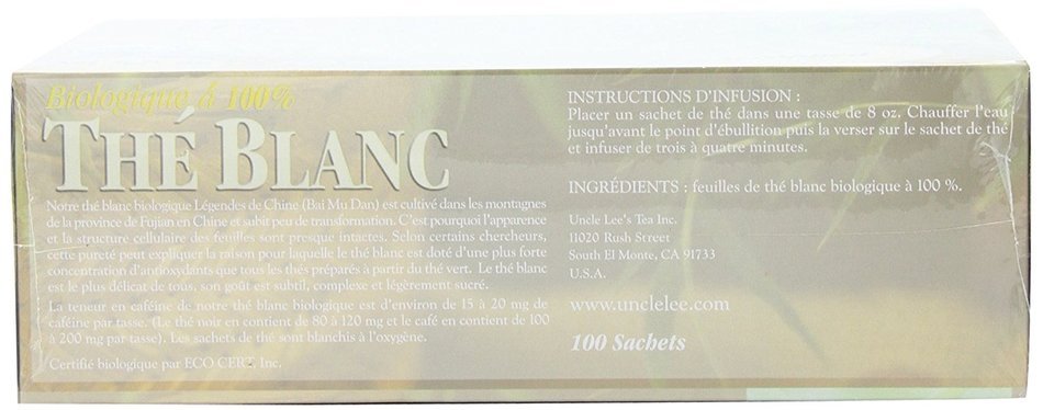Uncle Lee's Tea Organic White Tea, Tea Bags, 100-Count Boxes (Pack of 4) N6