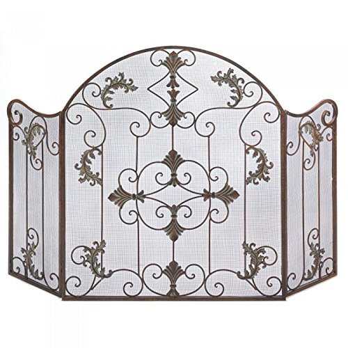 Florentine Fireplace Screen Warm Rustic Finish Detailed Scrollwork Accent