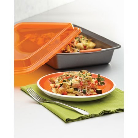 Rachael Ray Nonstick Bakeware 9-Inch by 13-Inch Covered Cake Pan, Gray with Orange Lid and Handles N3