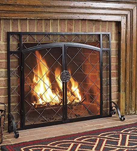 Plow & Hearth Celtic Knot Two-Door Fireplace Hearth Screen - Powder Coated Steel and Mesh - Black and Natural...