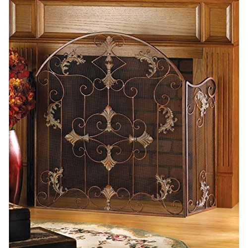 Florentine Fireplace Screen Warm Rustic Finish Detailed Scrollwork Accent N2