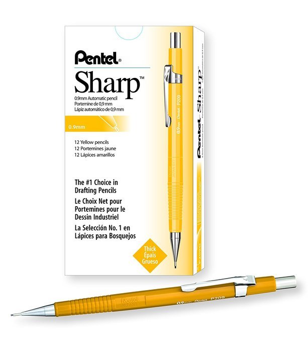 Pentel Sharp Automatic Pencil, 0.9mm Lead Size, Yellow Barrel, Box of 12 (P209G)