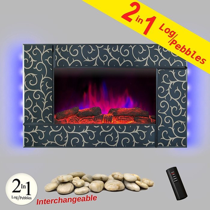AKDY Wall Mount 36" 1500W Adjustable Heater Log Pebble 2 in 1 Electric Fireplace w/ LED Backlights Log Set 2 Setting... N2