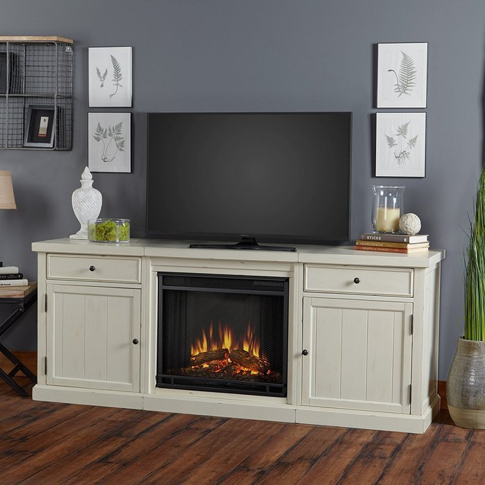 Real Flame 2720E-DSW 2720E Cassidy Entertainment Unit with Electric Fireplace, Distressed White, Large N2