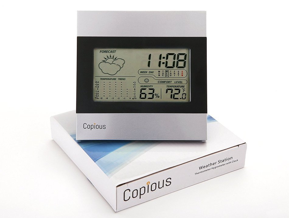 Copious Indoor Humidity Monitor Temperature Gauge with Calendar and Alarm Clock N3