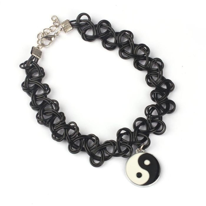 DDLBiz Tattoo Yin Yang Choker Necklace Stretch Double Layer Black Retro Henna Vintage 80s 90s