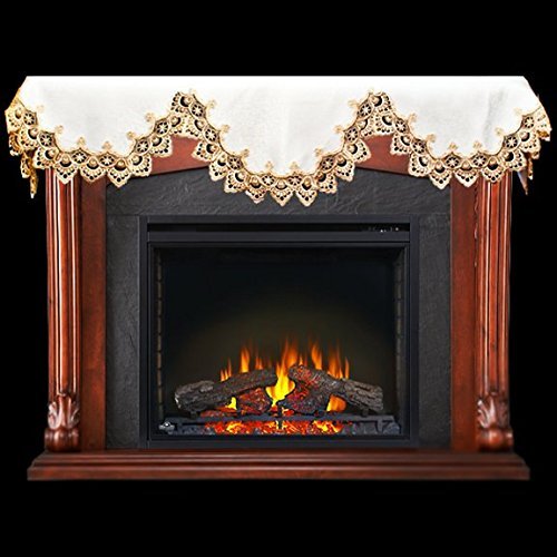 19" X 90" Wide Fireplace Mantel Scarf with Gold Beige Lace on White