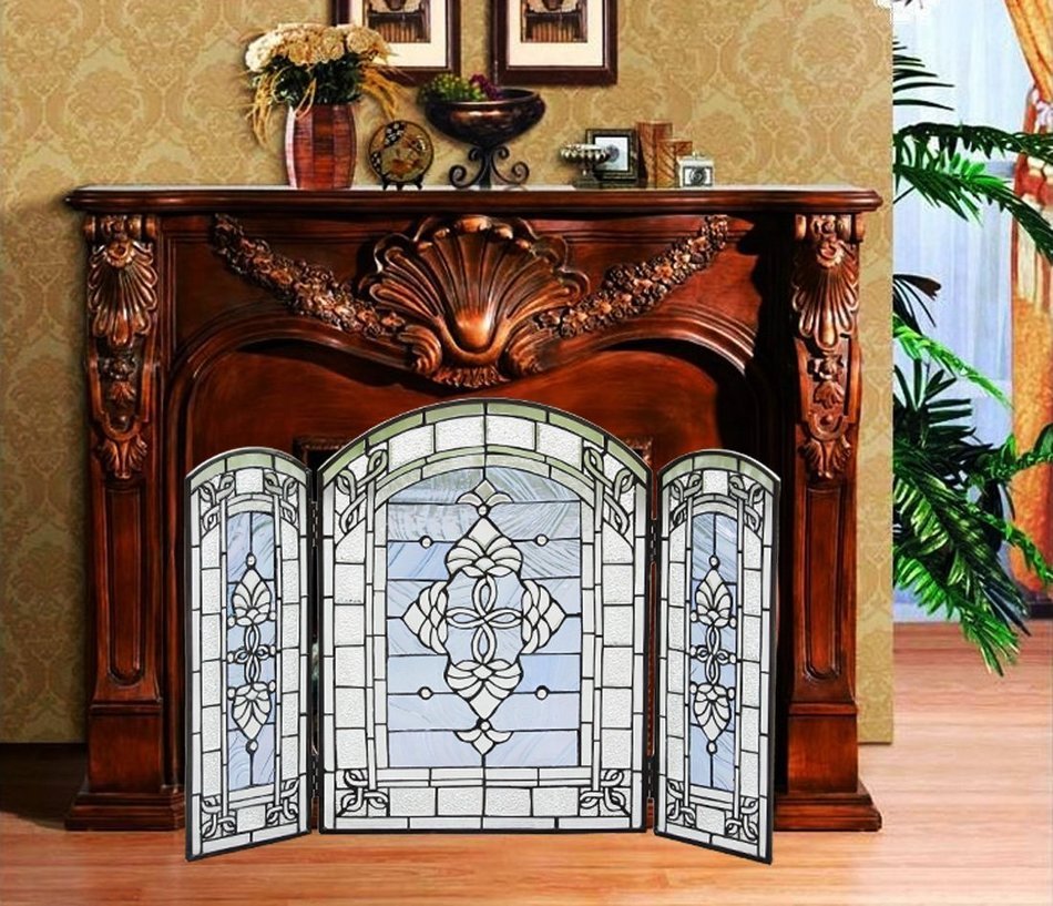 Makenier Vintage Tiffany Style Stained Art Glass Decorative 3-panel Fireplace Folding Screen Firewall N5