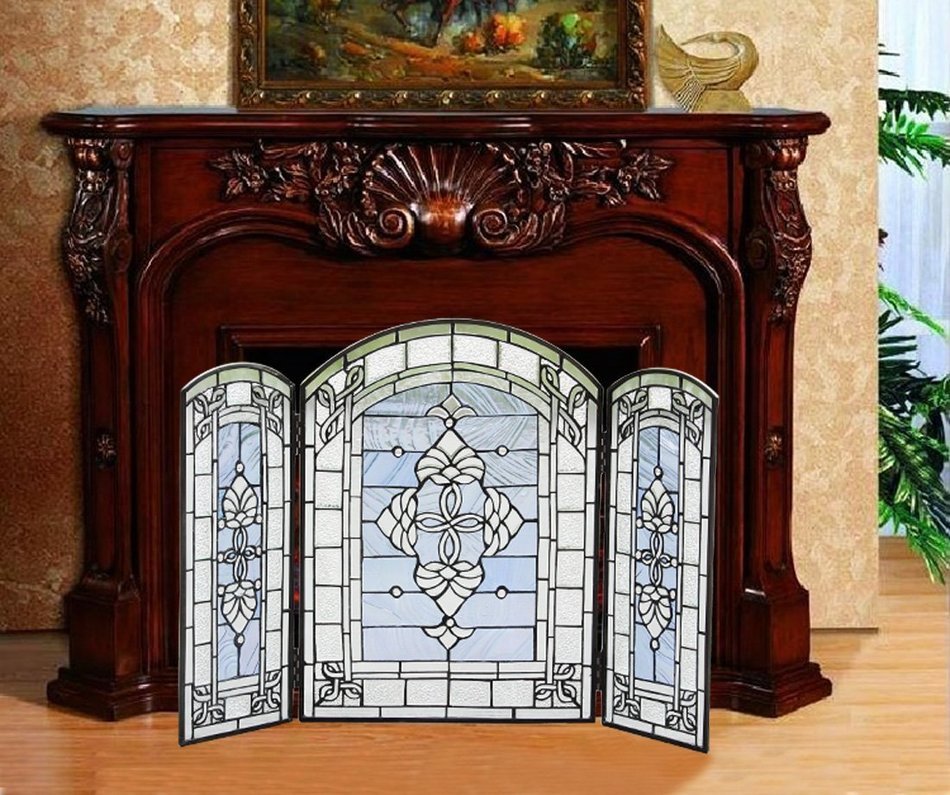 Makenier Vintage Tiffany Style Stained Art Glass Decorative 3-panel Fireplace Folding Screen Firewall N6