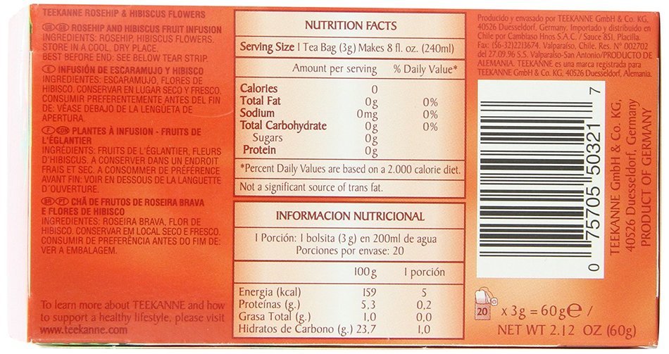Teekanne Tea, Rose Hip & Hibiscus Flowers, 20 - Teabags, 2.12 Ounce, (Pack of 5)