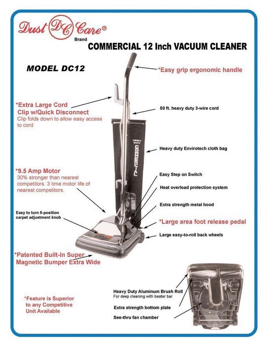 Dust Care DC-12 Commercial 12" Vacuum Cleaner, 9.5 Amp, 50' Cord Length N2