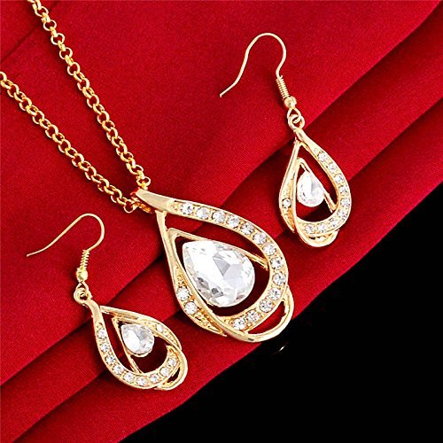 18k Gold Plated Clear Crystal Waterdrop Dangle Earring Pendant Necklace Set