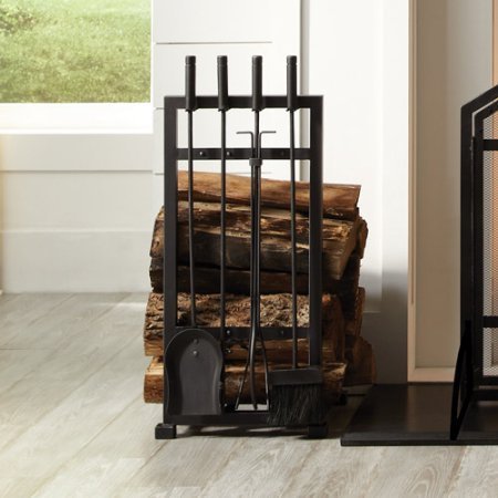 4-Piece Harper Fireplace Toolset with Log Holder, Antique' Black Powder Coat Finish ,Black