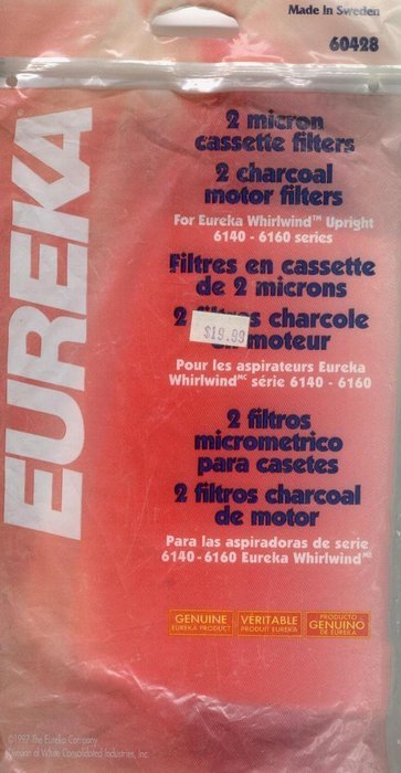Eureka Whirldwind Upright 6140-6160 series - 2 micron cassette filters, 2 charcoal motor filters