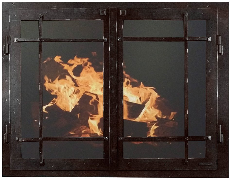 Ironhaus Iron Fireplace Glass Door with Gate Mesh with 2 1/2" Frame In Hammered Black Copper Finish, Mission Design...
