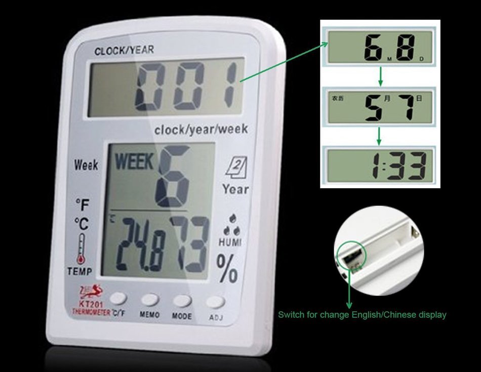 Momoday KT201 Multi-Function Big Screen Digital Clock/Week Temperature / Humidity Thermo-Humidity Meter with Alarm... N2