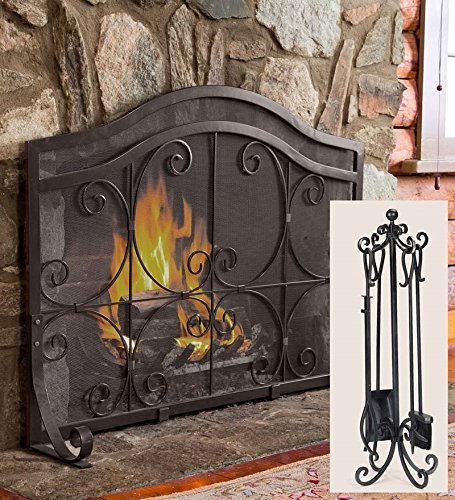 Small Crest Flat Guard Fireplace Screen And Tool Set, in Black