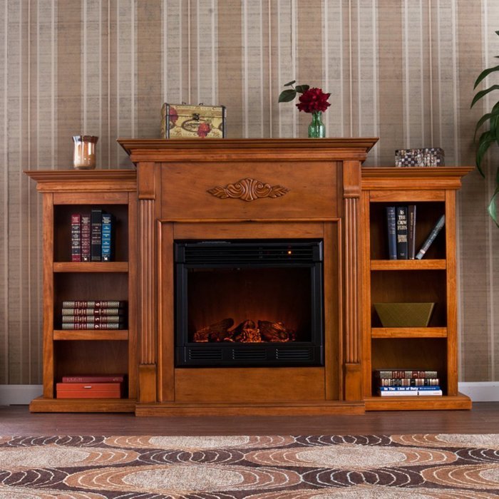 Tennyson Glazed Pine Electric Fireplace with Bookcases
