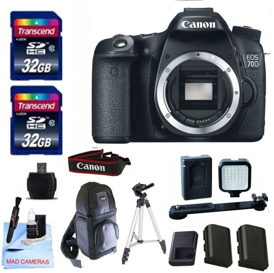 Canon 70D Body Only + 2 32GB Transcend SD Memory Cards + LED Video Light + Spare LP E6 Battery + DSLR Sling Bag... N2