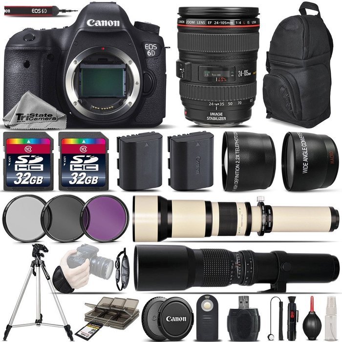 Canon EOS 6D DSLR Camera + Canon 24-105mm IS USM Lens + 650-1300mm Telephoto Lens + 500mm preset Zoom Lens + 0.43X... N6