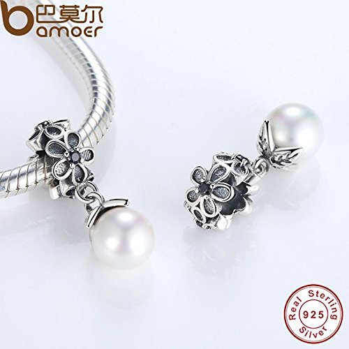 Retro Authentic S925 Sterling Silver Pearl Pendant Charms Fit European Bracelets N2