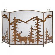 New Iron Rustic Forest Fireplace Screen with Deer and Mountain Silhouettes