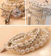 Fashion Jewelry Womens Unique Gold Metal Pearl Multilayer Pendant Bracelet