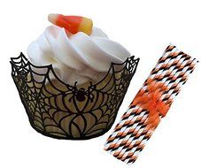 Outside the Box Papers Lasercut Spiderweb Cupcake Wrappers and Halloween Themed Paper Straws - 48 Wrappers and...