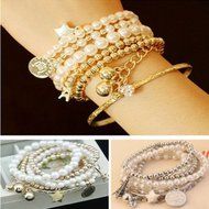 Fashion Jewelry Womens Unique Gold Metal Pearl Multilayer Pendant Bracelet N2