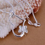 Women Fashion 925 Sterling Silver Chain Butterfly Heart Necklace With Pendant