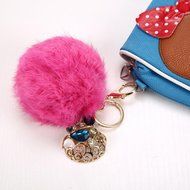 AutumnFall&reg; Rabbit Fur Ball Rhinestone Keychain Bag Plush Key Ring Car Key Pendant (Red)