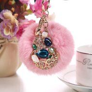 AutumnFall&reg; Rabbit Fur Ball Rhinestone Keychain Bag Plush Key Ring Car Key Pendant (Red) N3