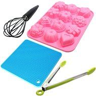 Silicone Baking Set - Silicone Molds For Cupcakes, Silicone Potholder, Silicone Wire Whisk &amp; Tongs With Silicone...