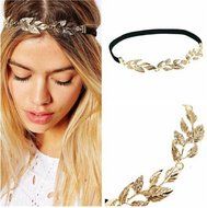 New Lady Hair Accessory Rhinestone Golden Metal Leaf Headband Elastic Hair Band