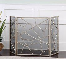 MutterMui Modern Geometric Abstract Fireplace Fire Screen Antiqued Silver Iron Metal 51 inches W