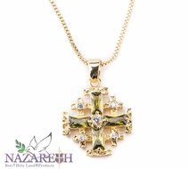 Gold Plated Jerusalem Cross Pendant Necklace Green Tourmaline &amp; Zircon Gems 0.7&quot;