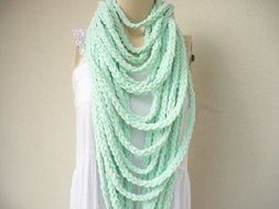 Mint Infinity Scarf-velvet Handmade Loop Scarf -Fringe Knitted Infinity Scarf-extra Long with Leather Cuff