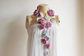 Pink Rose Scarf-Pink and Grey Crochet Necklace-Pink and Grey Lariat Necklace-Rose Lariat Scarf-Rose Necklace N3