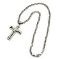 24" MENS Stainless Steel 6mm Silver Cuban Curb Link Chain Necklace Cross Pendant